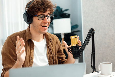 Host channel of influencer using headphone and mic talking with listeners on social media with laptop in life coaching and training marketing planning to customer target at studio office. Gusher.の写真素材