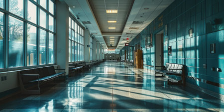 The great long bluish hallway that inside the architecture that look similar to the hospital with the bench that stay on the shiny cleaned floor that reflect a light in the brightest morning. AIGX03.の素材