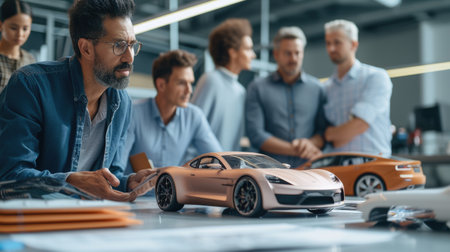 A team of individuals is collaborating on designing and assembling a model car, using components like tires, wheels, vehicle body parts, lights, and mirrors. AIG41の素材