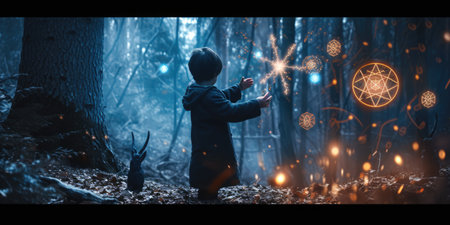 Smart wizard casting magical spell while preparing for ceremony at fantasy forest with glowing flower. Professional attractive witch testing his powerful magical spell or luminous magic. AIG42.の素材