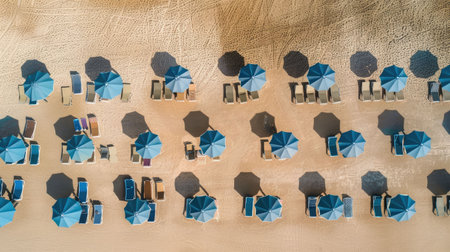 A circle of people enjoying a beach event, sitting under colorful umbrellas. The symmetry of their patterns creates an artistic scene against the worlds backdrop AIG50の素材
