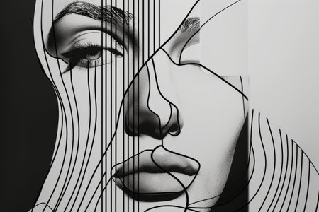 A portrait of young beautiful woman with background. Fashionable lady face with elegance lips with retro colors. Drawing minimalist line art concept. Represented with feminism, beauty, power. AIG42.の素材