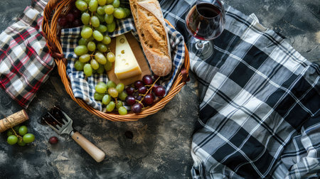 A picnic featuring a bottle of wine, grapes, cheese, bread, and a glass of wine, all laid out on a tartan blanket. The natural foods complement the plantbased recipe perfectly AIG50の素材