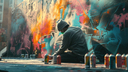 A man leisurely creates art on a wall with spray paint, using vibrant electric blue and magenta to form a captivating pattern. AIG41の素材