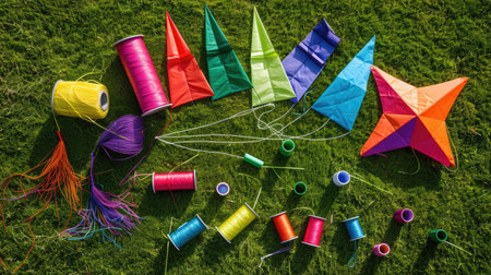 A collection of triangular kites resting on the vibrant grass in a picturesque landscape. A leisure event filled with fun and art in the lush grassland AIG50の素材