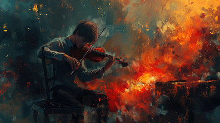 Smart musician focusing on playing instrument with colorful smoke and absorbing impressive feeling from melody. Professional instrumentalist or performing instrumental skill or playing violin. AIG42.の素材