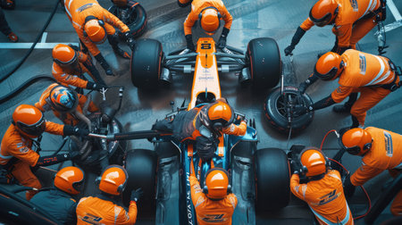 Photo of racing car was repaired by engine repair technician at arena. Car engine repair mechanic team helping and working while changing racing car wheel at race track with stress and tension. AIG42.の素材