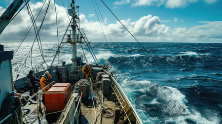 A rugged fishing boat cuts through turbulent ocean waves under a dramatic overcast sky, showcasing the resilience of maritime workers. AIG41の素材