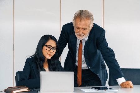 Senior executive manager and young businesswoman working in meeting room in the office. The woman is secretary or translator. International business language translation concept. udsの写真素材