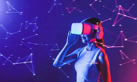 Female stand in cyberpunk neon light wear white VR headset and tank top connecting metaverse, future cyberspace community technology, She look in virtual reality object holding goggles. Hallucination.の写真素材