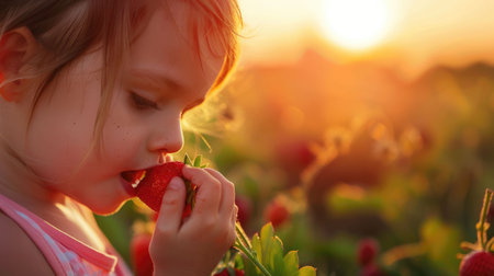 A toddler is happily eating a fresh strawberry in a field, surrounded by grass and nature. Her smile reflects the joy of tasting natural food, sharing the moment with people in the outdoors AIG50の素材