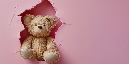 Close up view picture of the hollow pink hole on the the wall that show the teddy stay inside the wall that has been made from some material yet still can be break to look through other side. AIGX03.の素材