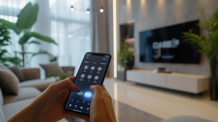 Hands hold a device with a smart home control interface, symbolizing the seamless connection between technology and home automation. AIG41の素材
