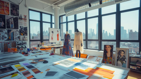 A focused fashion designer sketches new designs in a bright studio, surrounded by vibrant fabric samples and elegant mannequins. AIG41の素材