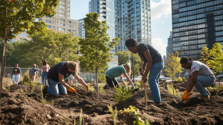 A group of people is tending to plants, shrubs, and trees in a garden, with city buildings visible in the background. AIG41の素材