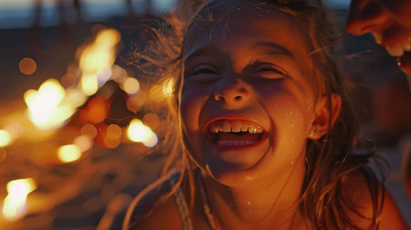 A little girl is happily laughing in front of a crackling fire at midnight, enjoying the warmth and the dancing flames in the darkness of night AIG50の素材