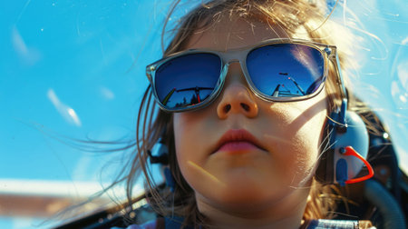 A young girl with electric blue sunglasses is happily sitting in a vehicle, ready to travel. Her smile reflects her enjoyment of the journey AIG50の素材