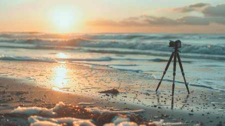 A camera is perched on a tripod, capturing the fluidity of water meeting the sky at the beach. Clouds dance across the horizon, creating a stunning landscape against the backdrop of this serene eventの素材