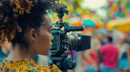 A woman is capturing the moment with her camera at a lively event, sharing the joy of leisure and recreation with a crowd of people AIG50の素材