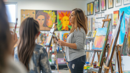 A group of individuals are seated around tables, enjoying an artistic event in a studio furnished with chairs and tables. This leisurely gathering fosters sharing and appreciation of visual artsの素材