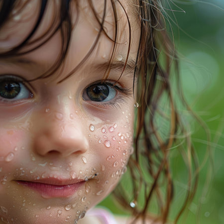 The little girls nose pressed against the cold window, raindrops streaming down her forehead, soaking her cheek. Her lips parted in awe as water trickled down the glass AIG50の素材