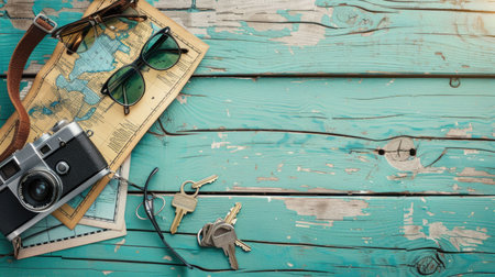 A camera, sunglasses, keys, and a map lay on a hardwood table, showcasing a beautiful wood grain pattern. The rectangle table is made of sturdy planks with a rich wooden font AIG50の素材