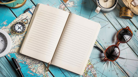 A green hat, aqua sunglasses, an electric blue compass, a watercolored notebook, and a map with an azure pattern on a circle design table AIG50の素材