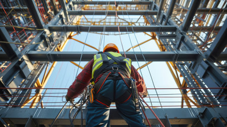 A man in workwear with a red jumpsuit, helmet, and engineering tools stands on a ladder in a building amidst the citys steel and metal structures. AIG41の素材