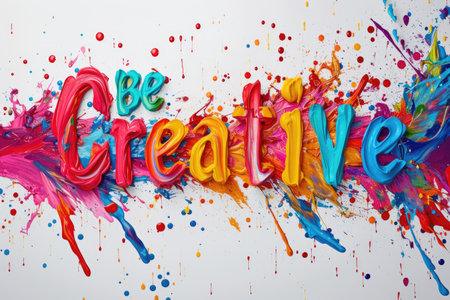 Letter of be creative in variant texture with splashing or stained colorful color with white background. Picture of lettering of be creative was painted or written by watercolor in art lesson. AIG42.の素材