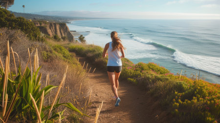 A woman enjoys leisurely running along a coastal path, surrounded by the natural landscape of ocean, sky, plants, beach, and grass. AIG41の素材
