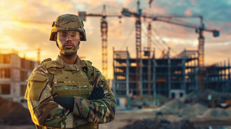 The picture of the military architect is working inside the construction site to planning to create the building structure, the architect require building knowledge and material knowledge. AIG43.の素材