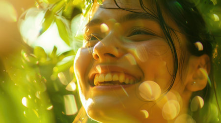 The close up picture of the person is smiling and happy that surrounded with the nature under the bright light from the sun, the feeling of the freshness that surrounded with the green nature. AIG43.の素材