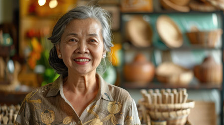 The picture of the southeast asia female working as entrepreneur in her own room with blur background, the entrepreneur require skill like creativity, leadership, management and communication. AIG43.の素材