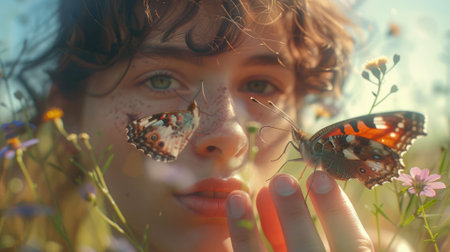 The close up picture of the person holding the butterfly on the finger that has been surrounded with the plant and the nature in the springtime of the year under the bright light from the sun. AIG43.の素材