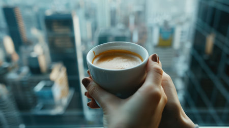 The picture of the person holding the cup of the coffee or other type of beverages on the top of the building in the morning with the bright of the sun that can be portray as the relaxation. AIG43.の素材