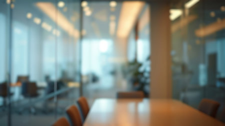 Blur background of blurred modern office interior with plant on desk. Workplace with plant decorated. Modern workplace and office decor concept. Design for poster, wallpapers, banner. Spate.の写真素材