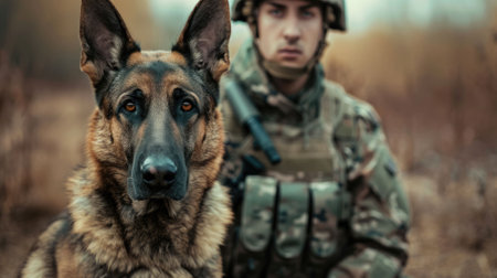 The picture of the military officer is working with trained german shepherd dog at the training field, the dog trainer require skill such as patience, compassion and understanding dog behavior. AIG43.の素材