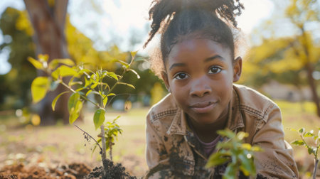 The close up picture of the young african american is planting the plant also dirty by dirt and soil, the horticulture require skill like plant knowledge, soil management, watering technique. AIG43.の素材