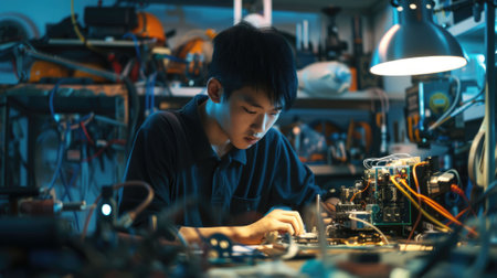 The picture of the east asian male teenager is working on the mechanical robot in his own workshop, the technician also require skill like technical knowledge, time management and experience. AIG43.の素材