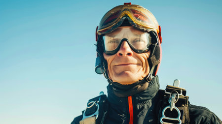 The picture of the professional skydiver wearing goggle doing skydiving in the sky under the bright light of the sun in the morning or noon and also wearing the parachute for safety landing. AIG43.の素材