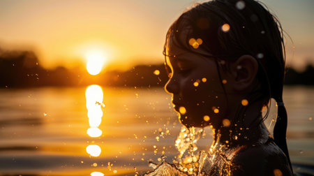 A young girl is happily swimming in the liquid landscape of the ocean at sunset, enjoying the fluid motions and reflections on the waters surface AIG50の素材