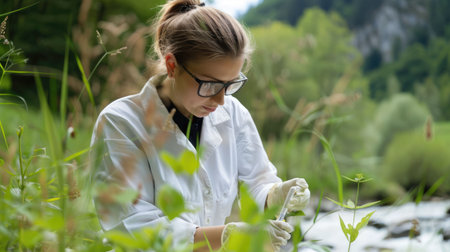 A female scientist in a lab coat is collecting a water sample from a river in a natural landscape, surrounded by trees, grass, and a clear blue sky AIG50の素材
