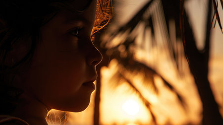 The woman gazes at the sunset with palm trees silhouetted against the fiery sky, creating a mesmerizing event of tints and shades in the darkness AIG50の素材