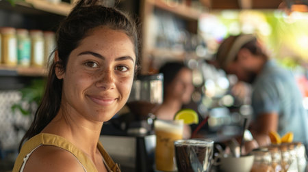 A happy woman in an apron is flashing a smile at the camera during a leisure event at a restaurant, showcasing her joy and fun in this travel moment AIG50の素材