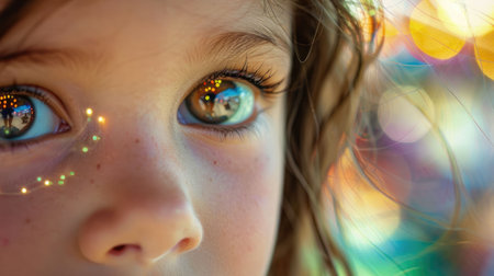 A close up of a little girl with black hair, bangs, smiling, with twinkling Christmas lights reflecting in her iris, eyelashes, nose, and rosy cheeks. A beautiful scene filled with joy and fun AIG50の素材