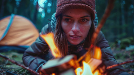A fictional character, a woman, is having fun lighting an electric blue fire in the dark woods at night, creating warmth and light amidst the darkness AIG50の素材