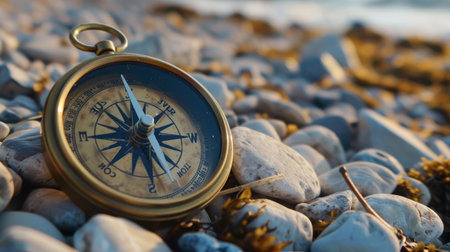 A compass rests on a stack of rocks amid natural materials like soil and wood. The electric blue water surrounds the landscape, home to marine biology like molluscs in the circle of life AIG50の素材