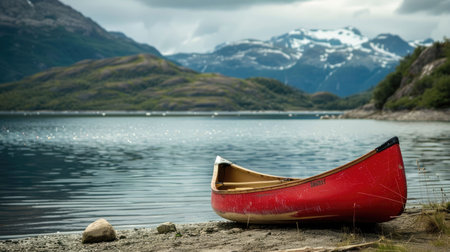 A red canoe is docked on the shore of a picturesque lake with majestic mountains towering in the background, surrounded by a serene natural landscape under a cloudy sky AIG50の素材