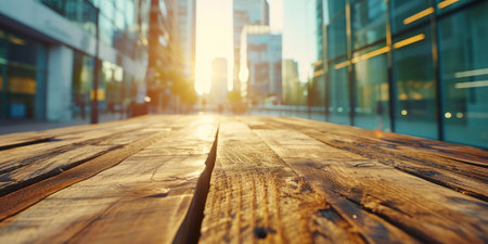 The close up picture of empty table has made from the wood material and placed inside metropolis, the city centers of commerce, industry, government, education, entertainment, and innovation. AIGX02.の素材