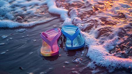 A pair of flip flops rests on the sandy beach, with waves crashing nearby. The tranquil scene is a perfect blend of water, wind, and natural landscape AIG50の素材